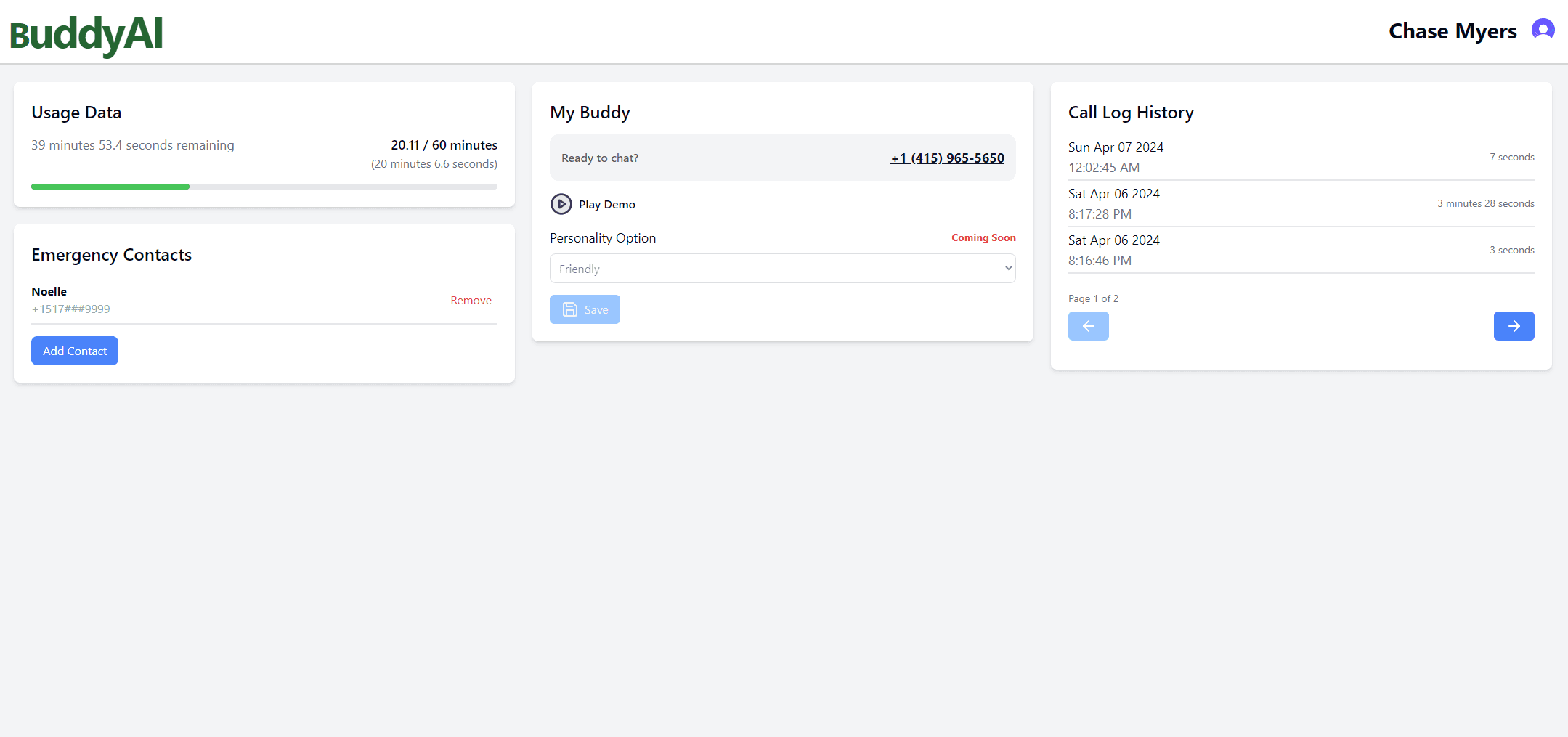 BuddyAI Dashboard Preview showing call history and emergency contacts